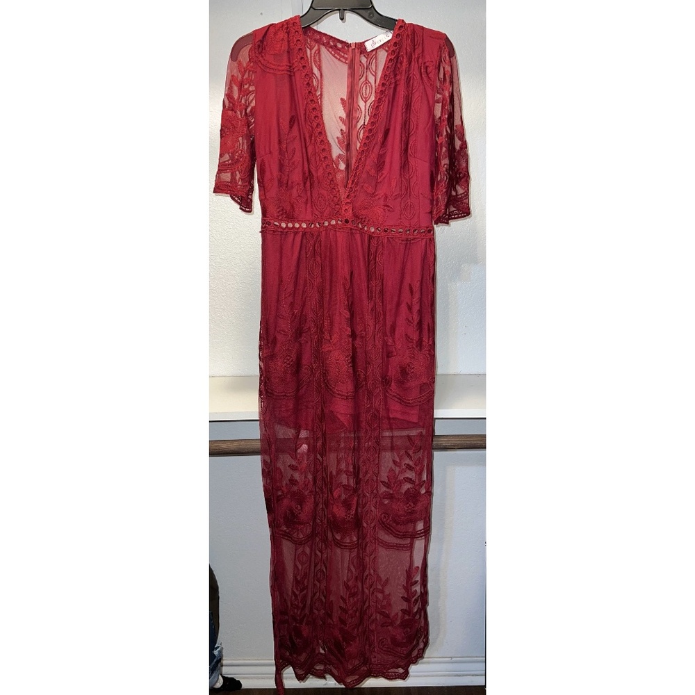 Women's Short Sleeve Long Dress Low V-Neck Lace Romper